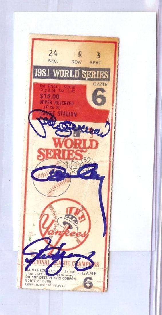 1981 World Series Ticket Stub Signed by Ron Cey Pedro Guerrero Steve Yeager Authenticated: 1981 World Series Ticket Stub Signed by Ron Cey Pedro Guerrero Steve Yeager Authenticated This is an original autographed ticket stub from the 1981 World Series, featuring the signatures of Ron Cey, P