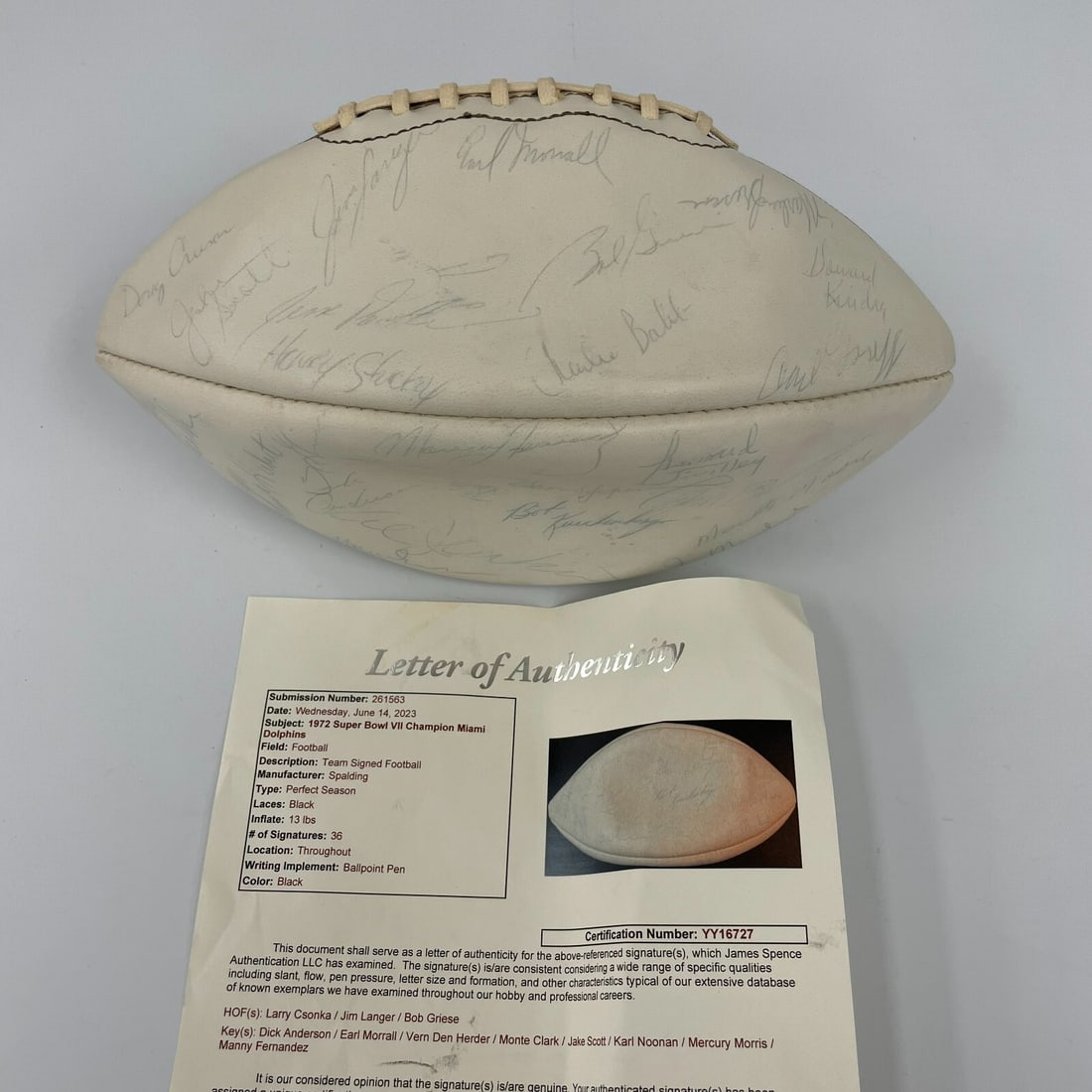 Vintage 1972 Miami Dolphins Team Signed Football 36 Autographs JSA COA: Vintage 1972 Miami Dolphins Team Signed Football 36 Autographs JSA COA Celebrate the legacy of the Miami Dolphins with this vintage 1972 Super Bowl Champions team-signed football. This authentic ball