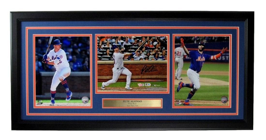 Triple 8x10 Framed Pete Alonso Mets Photo Collage With Fanatics Authentication: Triple 8x10 Framed Pete Alonso Mets Photo Collage With Fanatics Authentication This striking Pete Alonso autographed triple 8x10 photo collage is a must-have for any New York Mets fan or memorabilia c