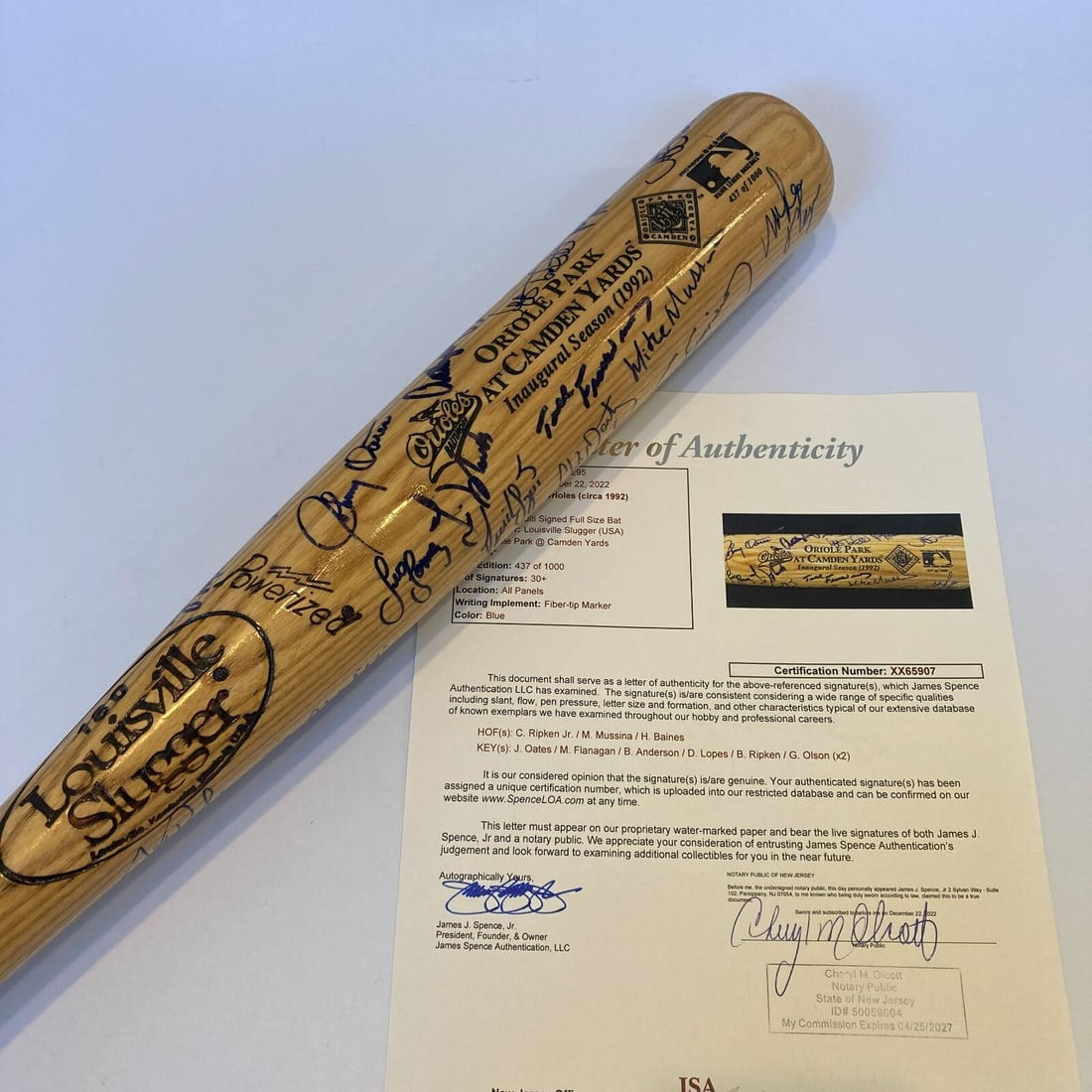 1992 Baltimore Orioles Signed Bat with 30+ Autographs JSA COA: 1992 Baltimore Orioles Signed Bat with 30+ Autographs JSA COA Celebrate the legacy of the Baltimore Orioles with this commemorative bat from the inaugural season at Camden Yards in 1992. This Louisvil