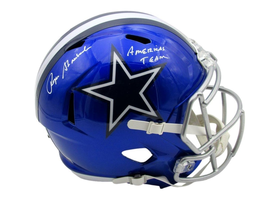 Roger Staubach HOF Autographed Blue Flash Helmet Cowboys BAS Certified: Roger Staubach HOF Autographed Blue Flash Helmet Cowboys BAS Certified This is a full-size replica football helmet, autographed and inscribed by Roger Staubach, a Hall of Fame quarterback for the Dall