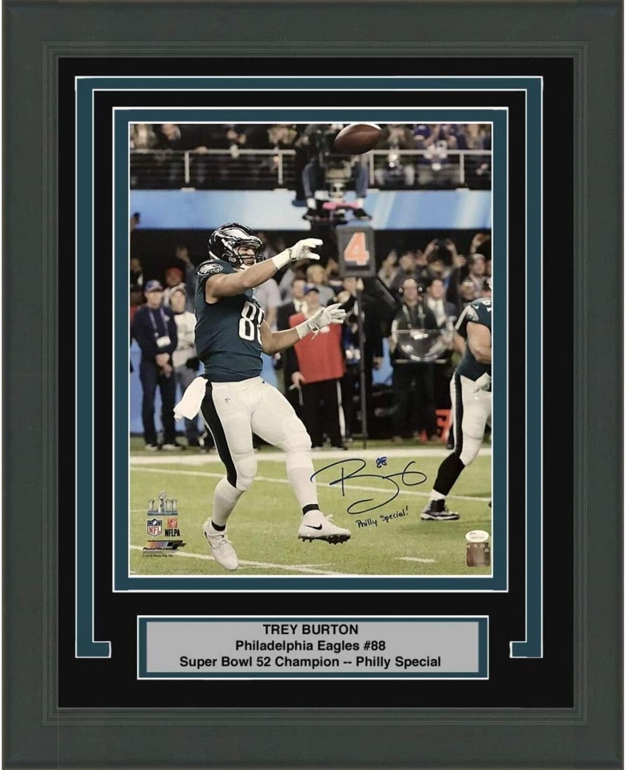 Framed Trey Burton Autographed Philly Special 16x20 Photo JSA COA: Framed Trey Burton Autographed Philly Special 16x20 Photo JSA COA This professionally framed and matted 16x20 photo of Trey Burton celebrates the iconic 'Philly Special' play. The photo is authentical