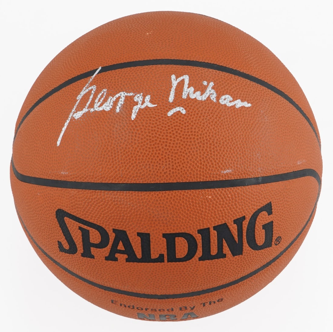 George Mikan Signed Spalding NBA Basketball JSA Certified Silver Ink: George Mikan Signed Spalding NBA Basketball JSA Certified Silver Ink This George Mikan signed Spalding NBA basketball is a remarkable piece of basketball history. The ball features Mikan's bold signat