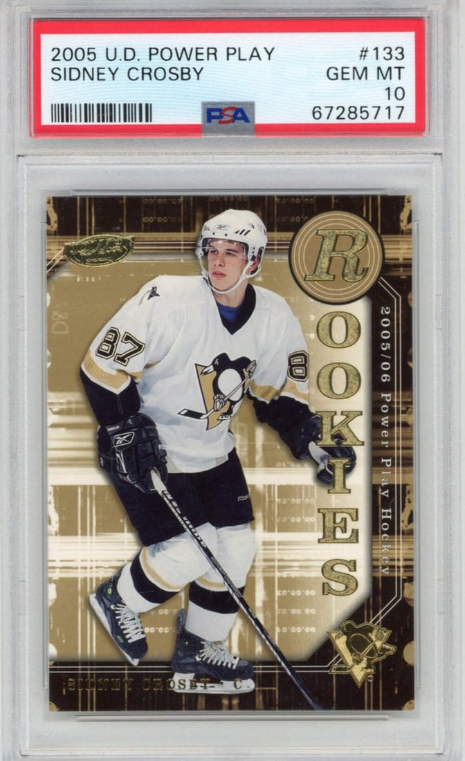 2005 Upper Deck Powerplay Sidney Crosby Rookie Card PSA 10 Graded: 2005 Upper Deck Powerplay Sidney Crosby Rookie Card PSA 10 Graded This is a graded 2005 Upper Deck Powerplay Sidney Crosby #133 Rookie RC Hockey Card, featuring the renowned player from the Pittsburgh