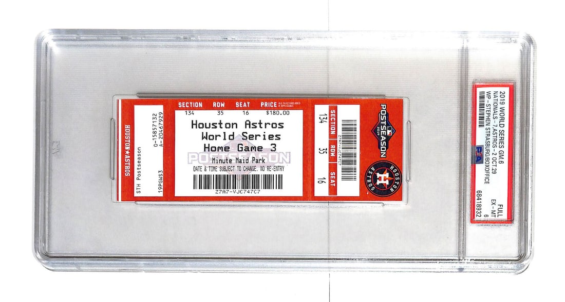 2019 World Series Game 6 Ticket Nationals vs Astros PSA 6 Vintage: 2019 World Series Game 6 Ticket Nationals vs Astros PSA 6 Vintage This is an original ticket from Game 6 of the 2019 World Series featuring the matchup between the Houston Astros and the Washington Na