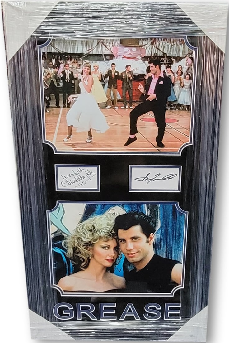 Grease Autographed Framed Collage by Travolta & Newton-John: Grease Autographed Framed Collage by Travolta & Newton-John This stunning framed collage features autographed photographs from the iconic film 'Grease,' showcasing the legendary John Travolta and Oliv