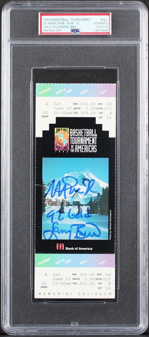 Magic Johnson Larry Bird Signed 1992 TOTA Ticket Stub PSA Gem Mint 10: Magic Johnson Larry Bird Signed 1992 TOTA Ticket Stub PSA Gem Mint 10 This is a 1992 Tournament of the Americas full ticket stub, personally signed by basketball legends Magic Johnson and Larry Bird.