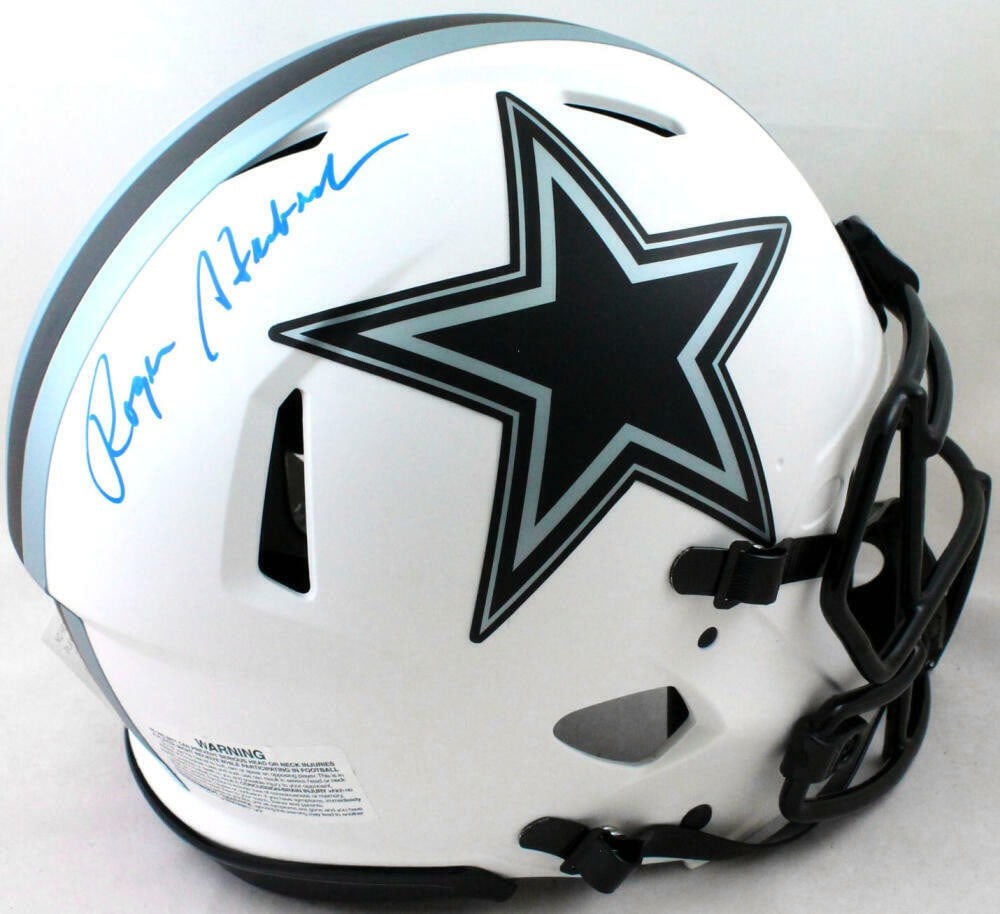 Roger Staubach Signed Dallas Cowboys Lunar Speed Authentic Helmet Beckett: Roger Staubach Signed Dallas Cowboys Lunar Speed Authentic Helmet Beckett This authentic Dallas Cowboys helmet is signed by legendary quarterback Roger Staubach. The helmet features a striking lunar s