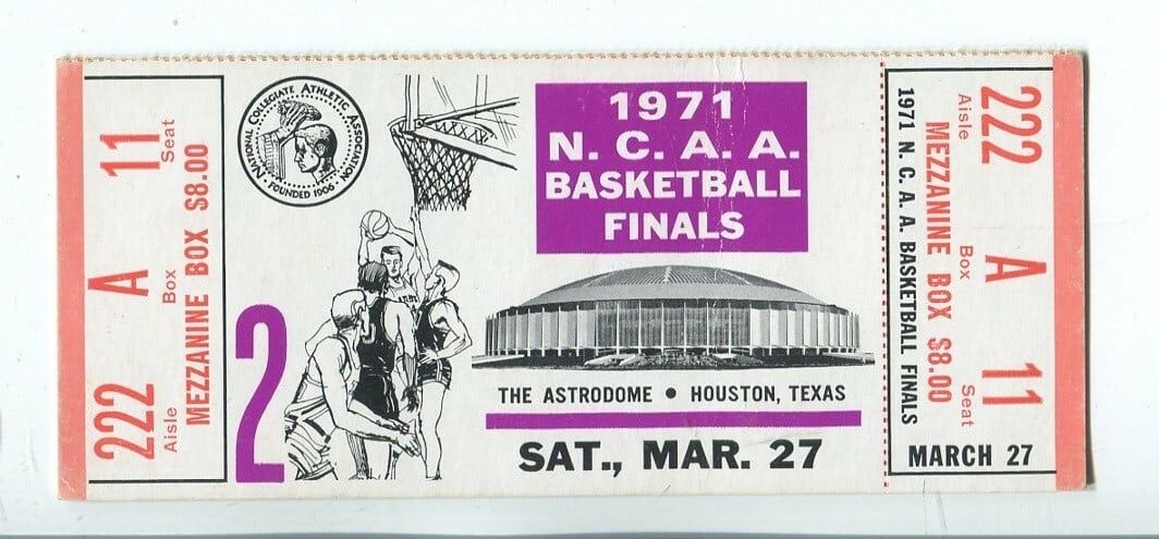 1971 NCAA Basketball Finals UCLA Bruins Full Ticket Original Vintage: 1971 NCAA Basketball Finals UCLA Bruins Full Ticket Original Vintage This is an original full ticket from the 1971 NCAA Men's Basketball Finals held on March 27, featuring the UCLA Bruins, who emerged