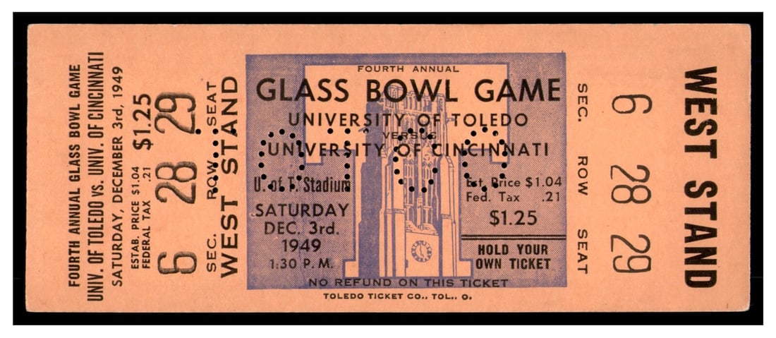 1949 Original Football Ticket Stub Toledo vs Cincinnati Bearcats (1 of 2)