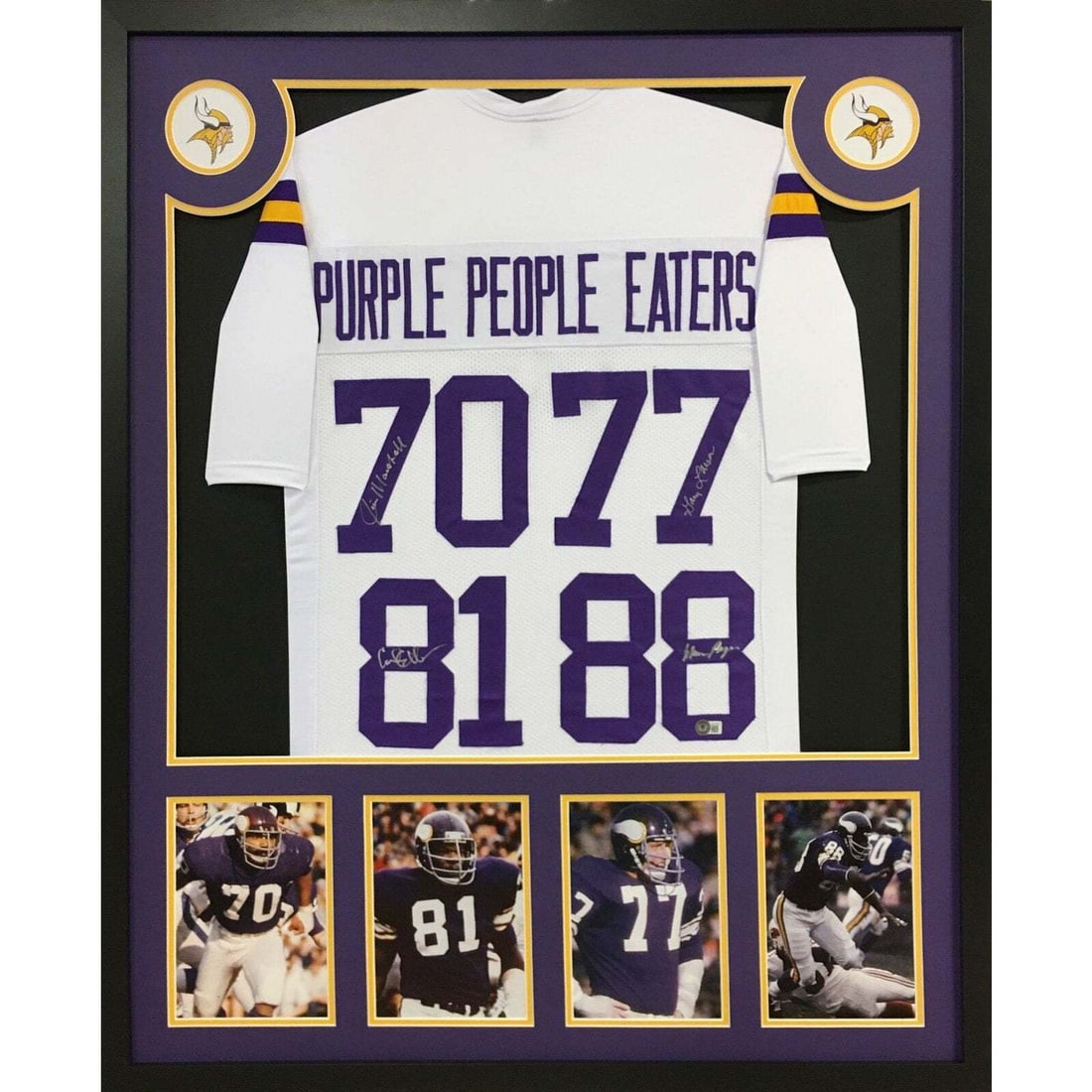 Minnesota Vikings Purple People Eaters Framed Jersey Autographed by 4 Beckett Certified: Minnesota Vikings Purple People Eaters Framed Jersey Autographed by 4 Beckett Certified This autographed Minnesota Vikings jersey, featuring the Purple People Eaters, is signed by all four legendary p