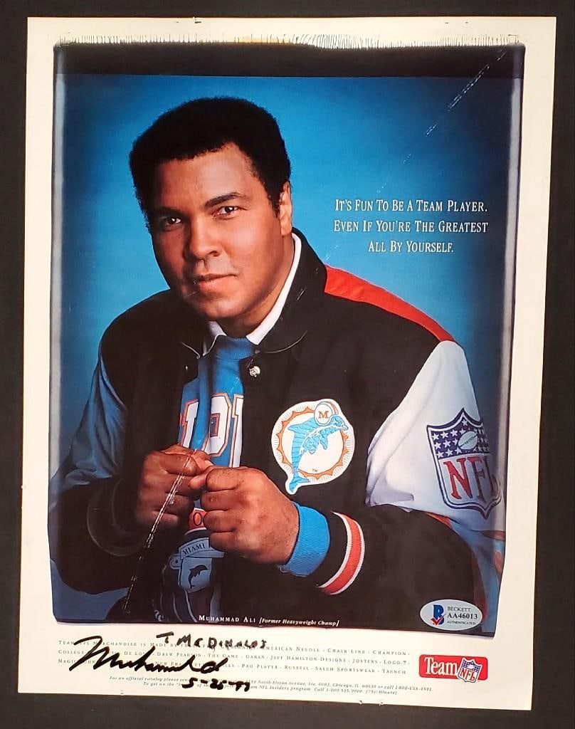 Muhammad Ali Signed 8.5x11 Photo with Beckett BAS Authentication: Muhammad Ali Signed 8.5x11 Photo with Beckett BAS Authentication This is an original signed magazine page photo featuring the legendary boxer Muhammad Ali. Authenticated by Beckett Authentication Serv