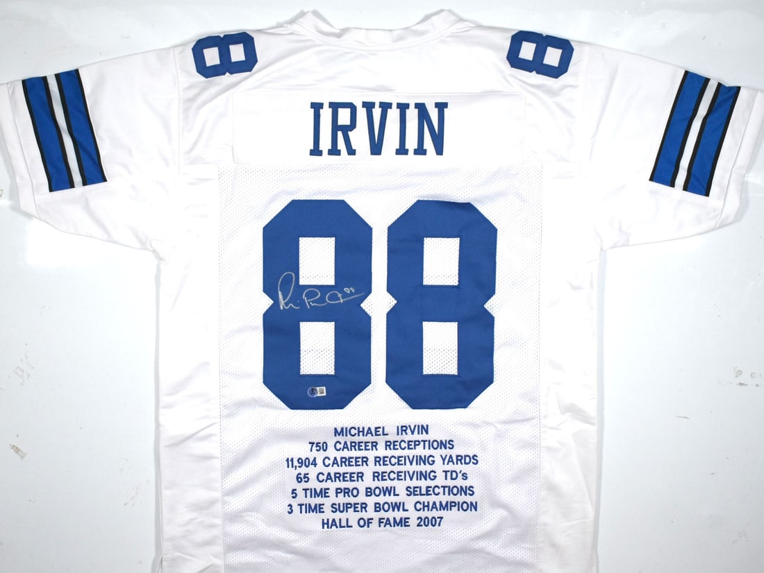 Signed White Stat Pro Style Jersey Michael Irvin Beckett Authenticated: Signed White Stat Pro Style Jersey Michael Irvin Beckett Authenticated This is an original white pro style stat jersey autographed by Michael Irvin. The jersey represents the Dallas Cowboys and includ