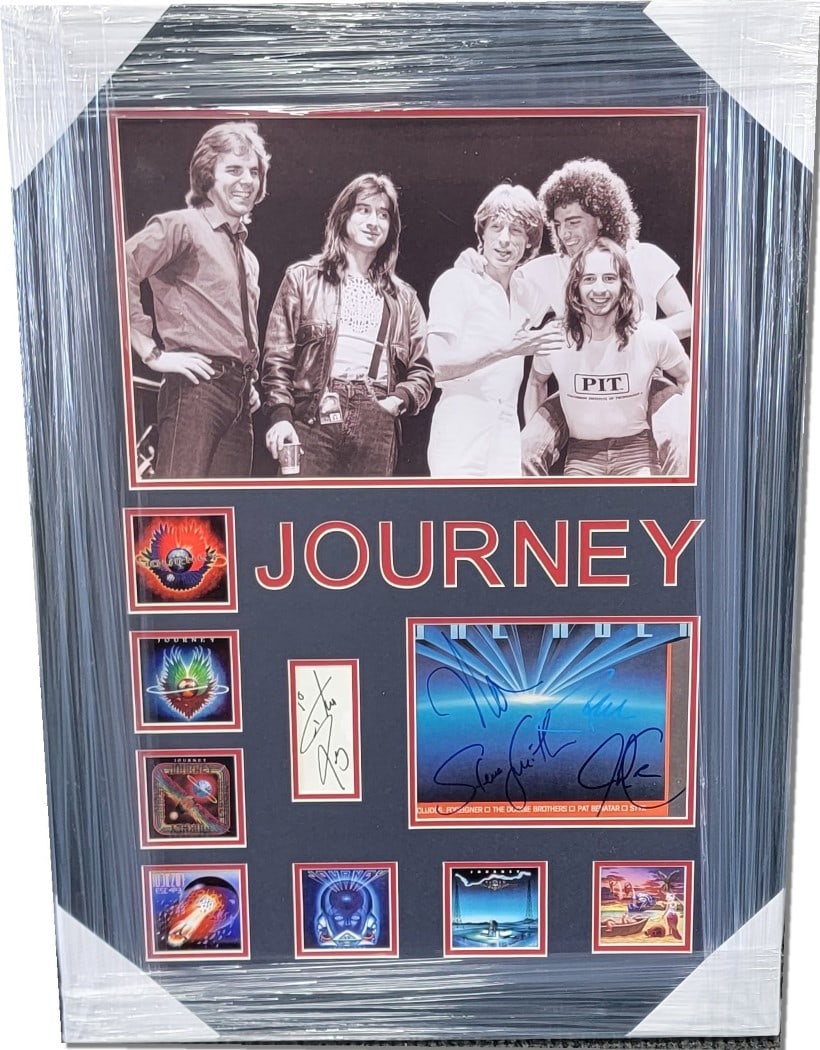 Journey Band Signed Framed Collage with Steve Perry and Neal Schon: Journey Band Signed Framed Collage with Steve Perry and Neal Schon This stunning Journey band signed collage features autographs from iconic members Steve Perry, Neal Schon, Steve Smith, Ross Valory,