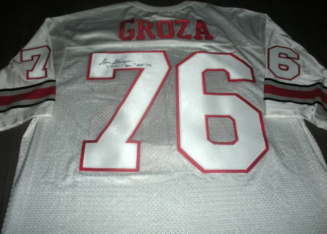 Lou Groza Signed Nike Jersey Ohio State Buckeyes with COA Rare: Lou Groza Signed Nike Jersey Ohio State Buckeyes with COA Rare This is a rare official licensed Nike jersey signed by Lou Groza, a renowned player from the Ohio State Buckeyes. The jersey is a great c