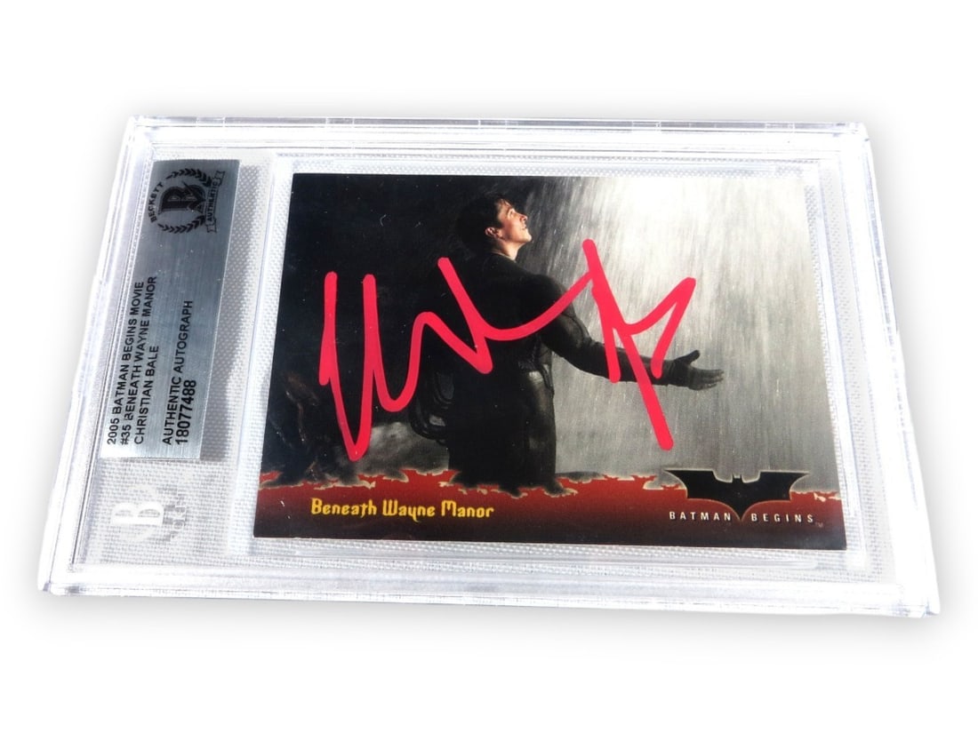 Christian Bale Autographed Trading Card 2005 Batman Begins Beckett Authenticated: Christian Bale Autographed Trading Card 2005 Batman Begins Beckett Authenticated This is an original Christian Bale signed trading card from the 2005 film Batman Begins, featuring card number #35. The