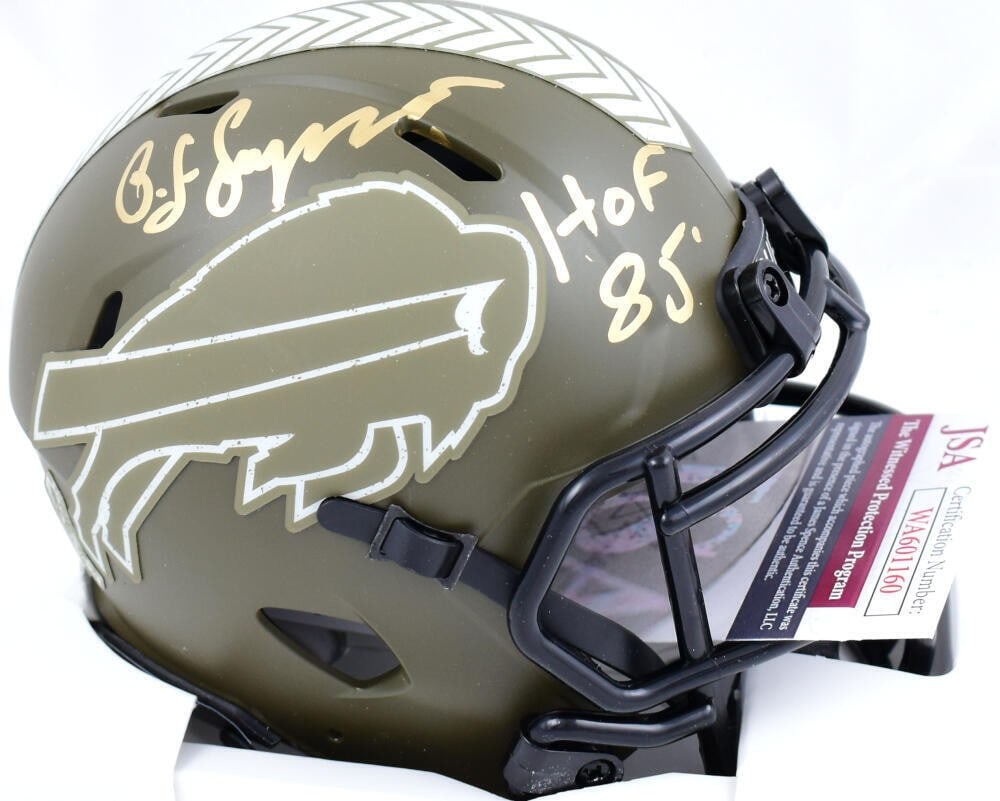 O.J. Simpson Signed Buffalo Bills Mini Helmet JSA Authenticated: O.J. Simpson Signed Buffalo Bills Mini Helmet JSA Authenticated This O.J. Simpson signed mini helmet is a tribute to his remarkable career with the Buffalo Bills. The helmet features a striking design