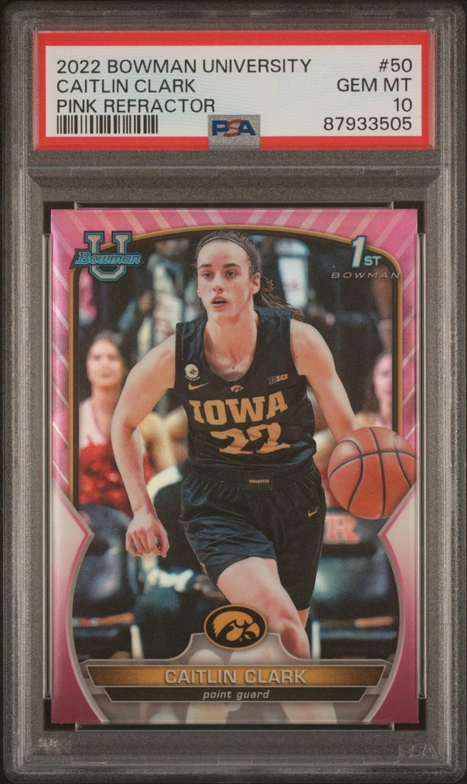 2022 Topps Bowman U Caitlin Clark #50 Pink REF RC PSA 10 Basketball Card: 2022 Topps Bowman U Caitlin Clark #50 Pink REF RC PSA 10 Basketball Card This is a graded 2022 Topps Bowman U Caitlin Clark #50 Pink REF RC Basketball Card, receiving a perfect PSA grade of 10. The ca
