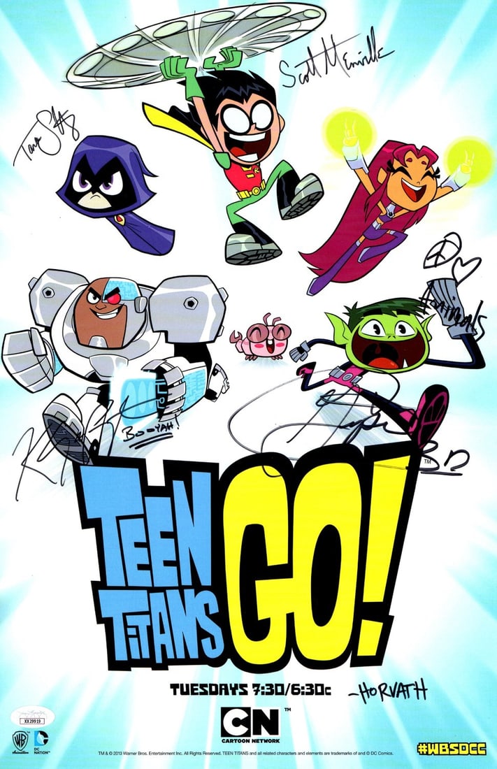 Teen Titans Go! Autographed 11X17 Poster 5 Signatures JSA: Teen Titans Go! Autographed 11X17 Poster 5 Signatures JSA Celebrate your love for Teen Titans Go! with this vibrant, autographed 11x17 poster featuring the signatures of the talented cast: Tara Strong