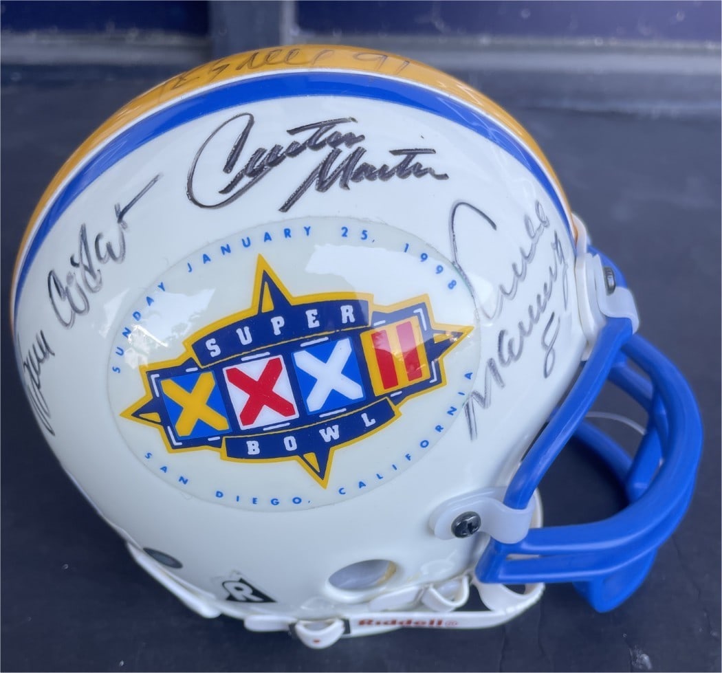 Super Bowl 32 Mini Helmet Signed by Manning Esiason Martin Kosar: Super Bowl 32 Mini Helmet Signed by Manning Esiason Martin Kosar This original Super Bowl 32 autographed mini helmet features the signatures of NFL legends Archie Manning, Boomer Esiason, Curtis Marti