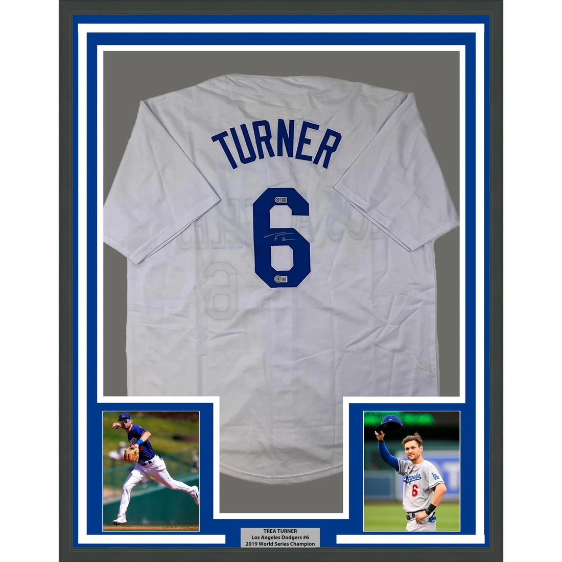 Framed Trea Turner Autographed Dodgers Jersey with BAS COA 33x42: Framed Trea Turner Autographed Dodgers Jersey with BAS COA 33x42 Showcase your love for baseball with this professionally framed and autographed Trea Turner LA White Baseball Jersey. This original jer