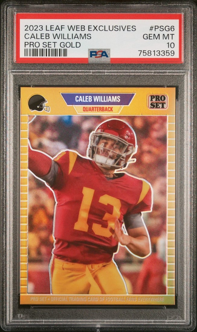 2023 Leaf Web Exc Caleb Williams Gold #/199 RC Football Card PSA 10: 2023 Leaf Web Exc Caleb Williams Gold #/199 RC Football Card PSA 10 This is a graded 2023 Leaf Web Exc Caleb Williams #PSG6 Gold #/199 RC Football Card, featuring the standout athlete Caleb Williams f