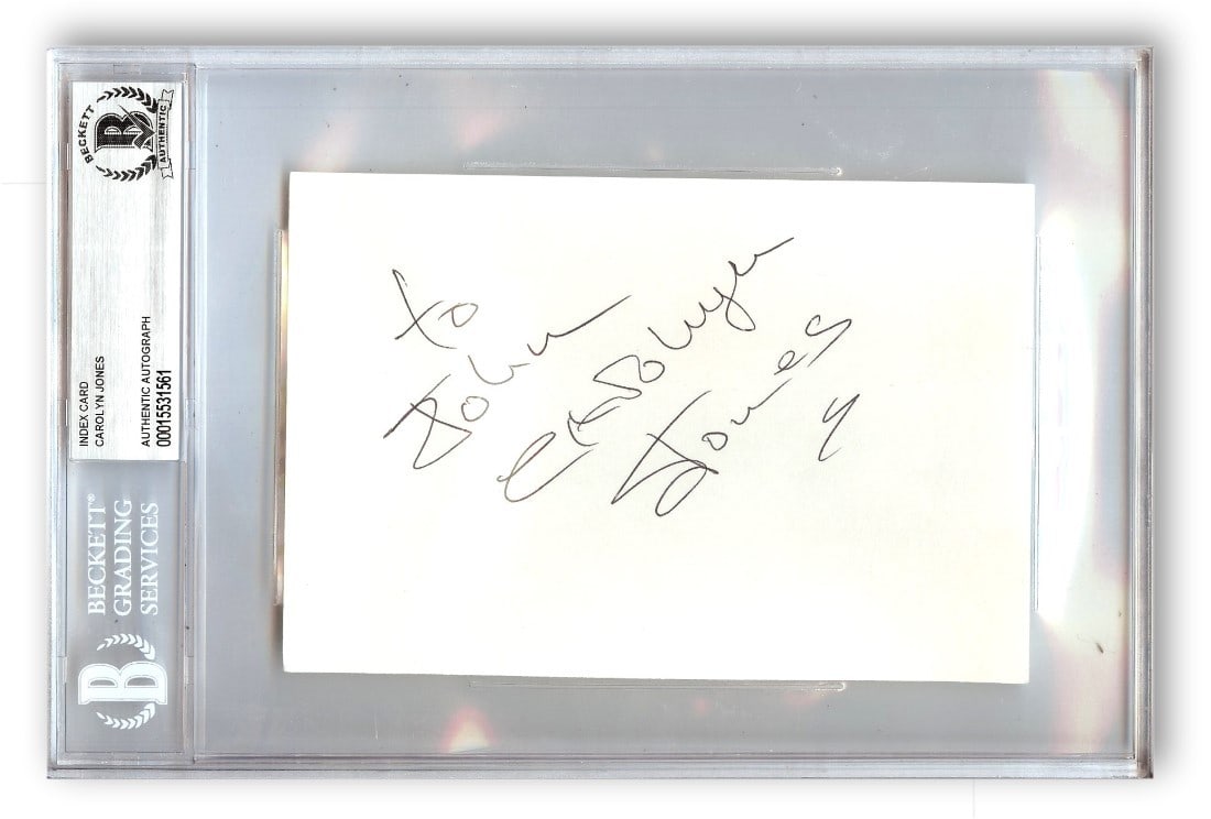 Carolyn Jones Autographed Index Card Morticia Addams Beckett Authenticated: Carolyn Jones Autographed Index Card Morticia Addams Beckett Authenticated This is an original autographed index card featuring the signature of Carolyn Jones, known for her iconic role as Morticia in
