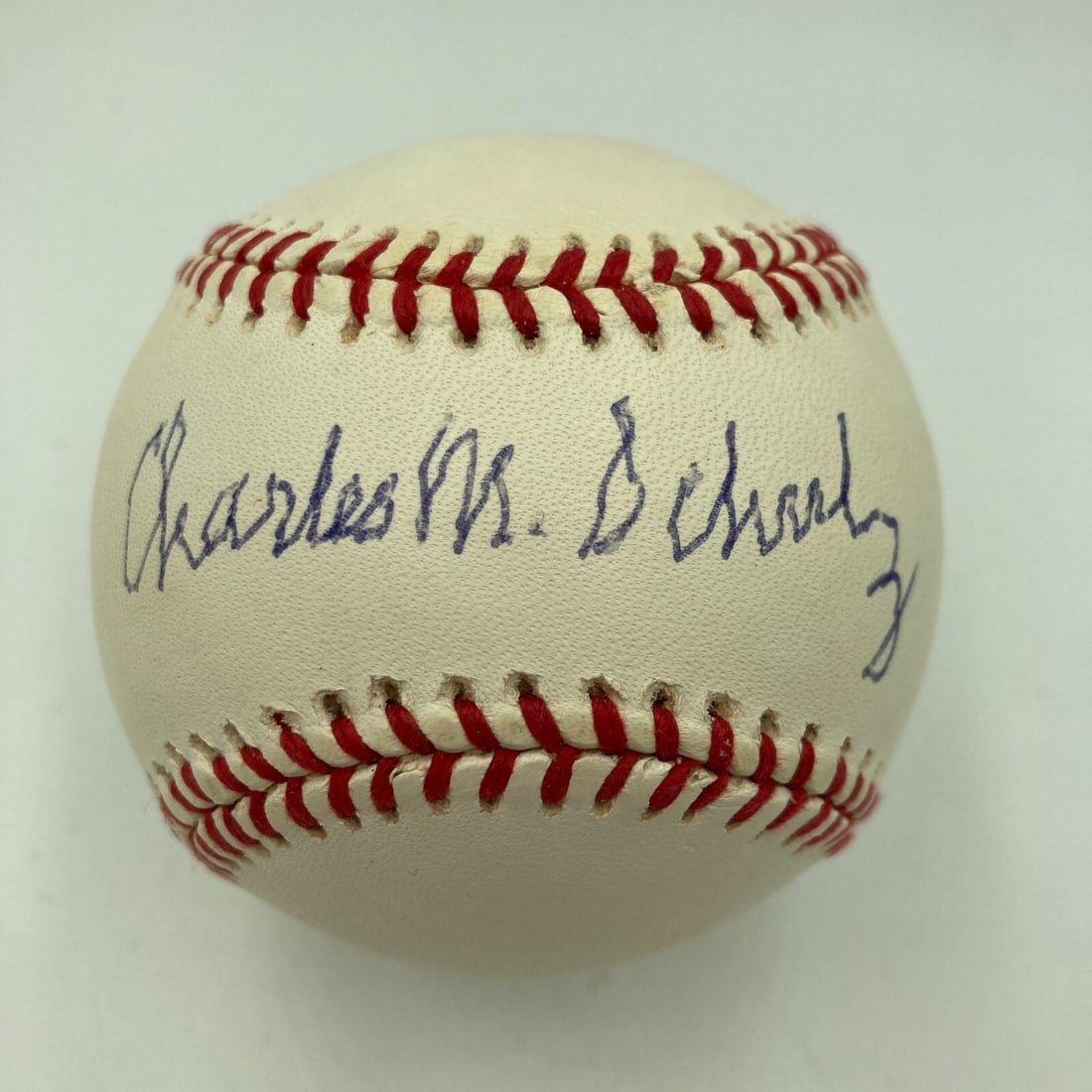 Charles M. Schulz Signed National League Baseball JSA Certified: Charles M. Schulz Signed National League Baseball JSA Certified This is an extraordinary single signed National League baseball featuring the autograph of Charles M. Schulz, the iconic creator of the