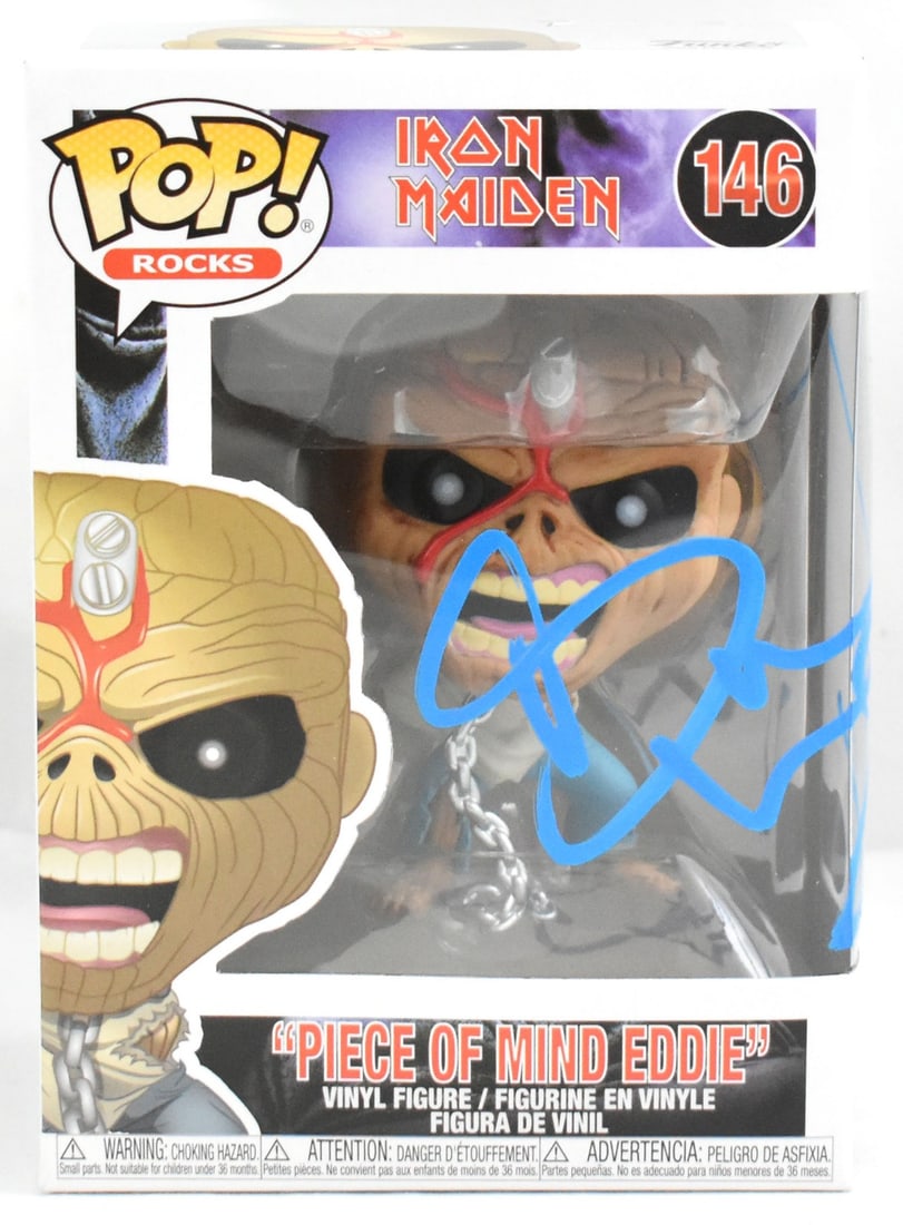 Bruce Dickinson Signed Iron Maiden Funko Pop #146 Beckett Certified: Bruce Dickinson Signed Iron Maiden Funko Pop #146 Beckett Certified This collectible Bruce Dickinson Signed Iron Maiden Piece of Mind Eddie Funko Pop #146 is a must-have for any metal music fan. Featu