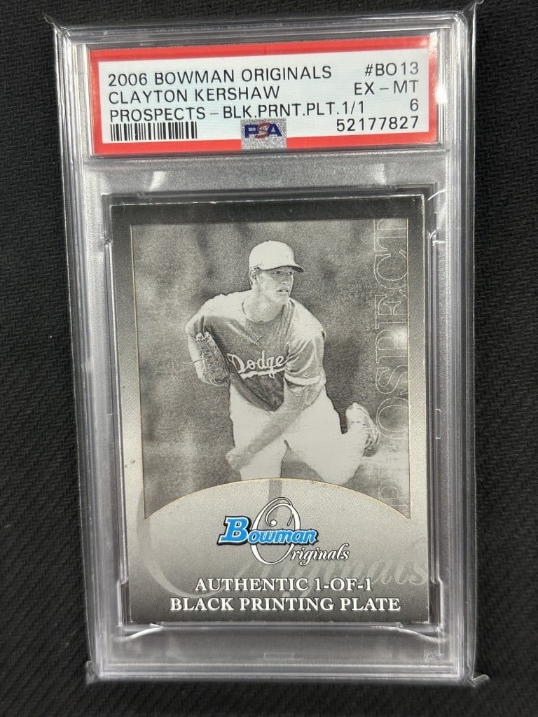 Clayton Kershaw 2006 Bowman Originals Black Printing Plate PSA 6 1 of 1: Clayton Kershaw 2006 Bowman Originals Black Printing Plate PSA 6 1 of 1 This is a unique 2006 Bowman Originals Black Printing Plate baseball card featuring Clayton Kershaw, a star pitcher for the Los