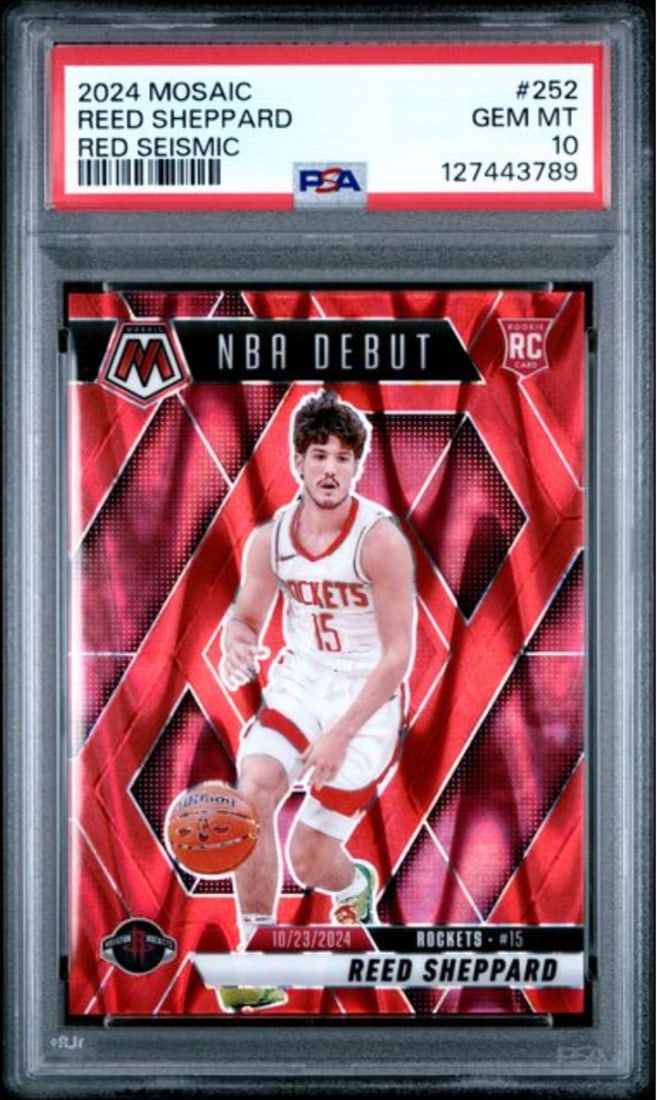 2024 Panini Mosaic Reed Sheppard #252 Red Seismic Rookie Card PSA 10: 2024 Panini Mosaic Reed Sheppard #252 Red Seismic Rookie Card PSA 10 Introducing the 2024 Panini Mosaic Reed Sheppard #252 Red Seismic rookie card, limited to just 299 copies. This card has been profe