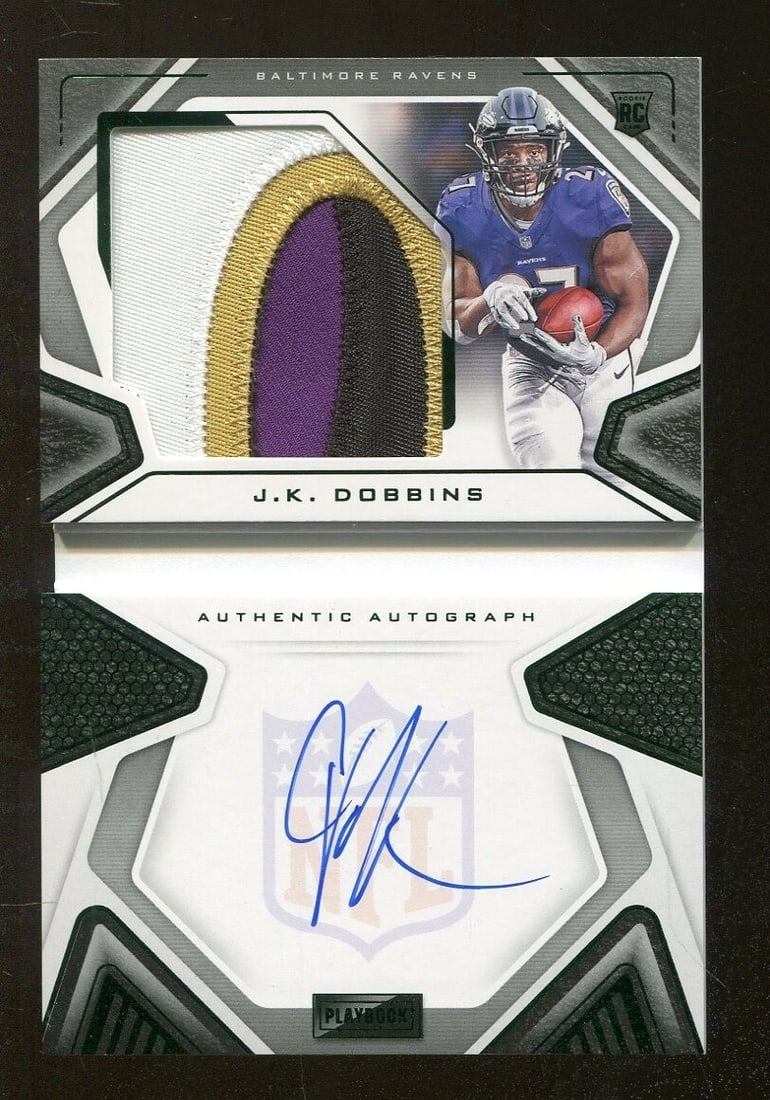 J.K. Dobbins 2020 Panini Playbook #213 Autographed RPA Booklet 8/25 Ravens: J.K. Dobbins 2020 Panini Playbook #213 Autographed RPA Booklet 8/25 Ravens This J.K. Dobbins 2020 Panini Playbook #213 Autographed RPA Booklet is a must-have for any Ravens fan or football card collec