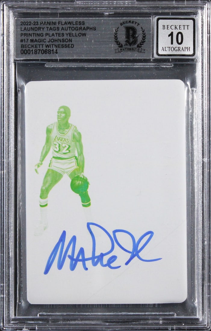 2022 Panini Flawless Yellow #17 Magic Johnson Autograph Card BAS Gem Mint 10: 2022 Panini Flawless Yellow #17 Magic Johnson Autograph Card BAS Gem Mint 10 This is an original 2022 Panini Flawless Laundry Tags Autographs Printing Plates Yellow #17 basketball card personally sign