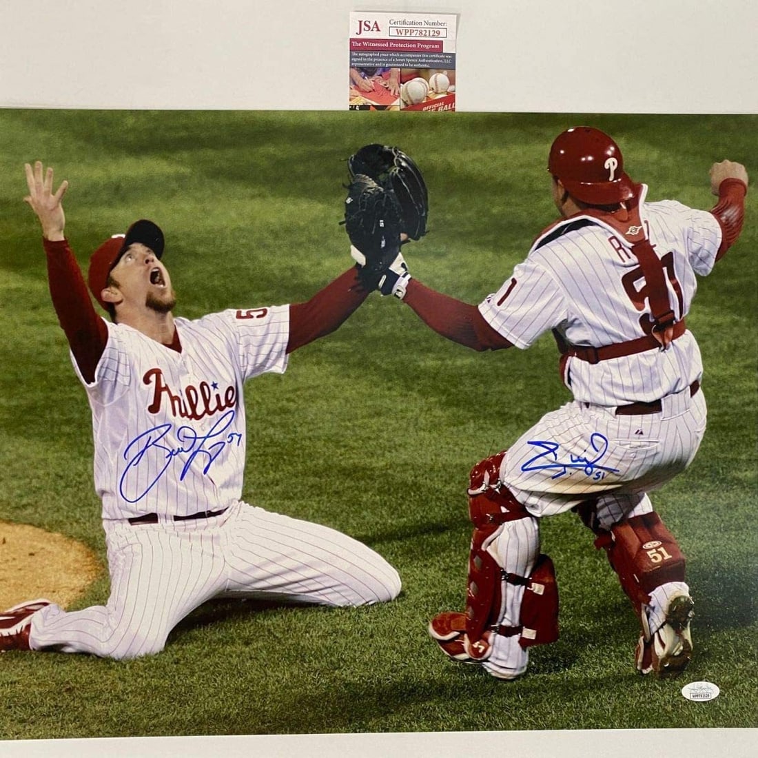 Autographed Brad Lidge Carlos Ruiz 2008 World Series 16x20 Photo JSA Certified: Autographed Brad Lidge Carlos Ruiz 2008 World Series 16x20 Photo JSA Certified Celebrate a piece of baseball history with this autographed 16x20 photo featuring Brad Lidge and Carlos Ruiz from the 200