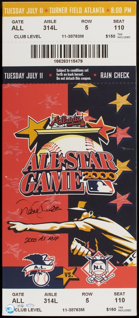 Derek Jeter Signed 15x35 Canvas 2000 All-Star MVP Steiner Authentic: Derek Jeter Signed 15x35 Canvas 2000 All-Star MVP Steiner Authentic Celebrate the legacy of Derek Jeter with this stunning 15x35 canvas featuring a blowup of the 2000 All-Star Game ticket. Signed in b