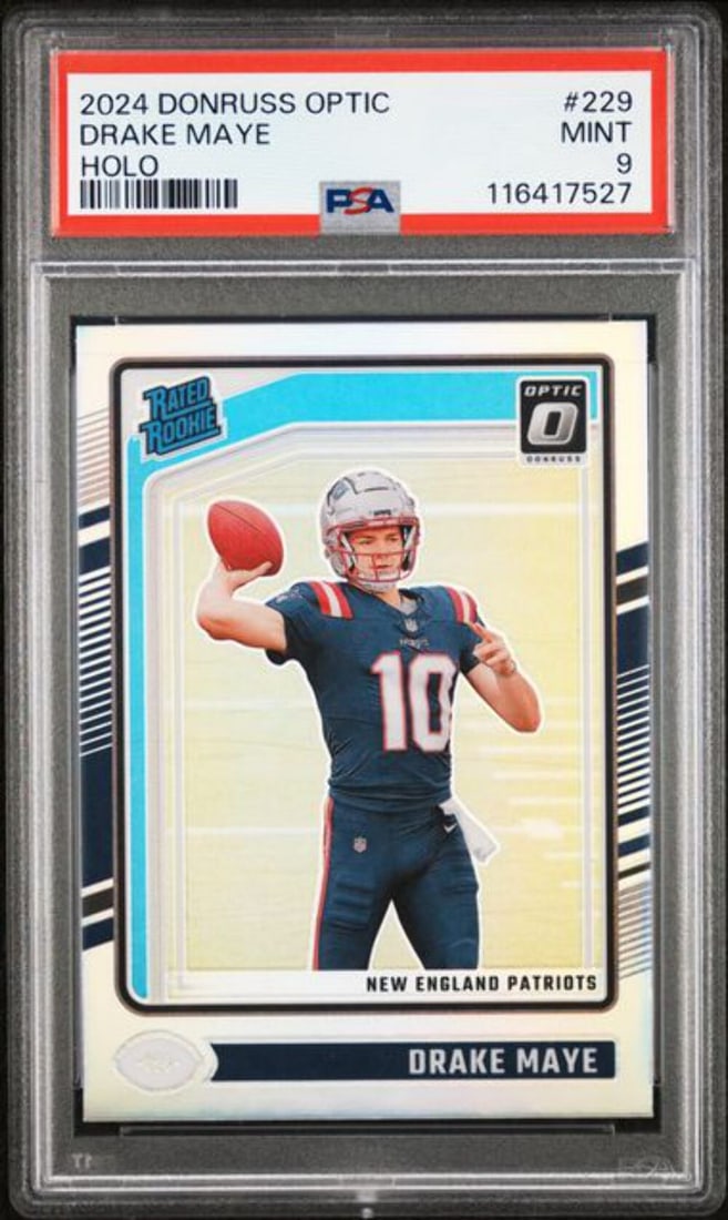 2024 Panini Donruss Optic Holo Drake Maye Rookie Card PSA 9: 2024 Panini Donruss Optic Holo Drake Maye Rookie Card PSA 9 This is a graded 2024 Panini Donruss Optic Holo Drake Maye #229 Rookie RC Card, receiving a PSA grade of 9. The card features Drake Maye, a