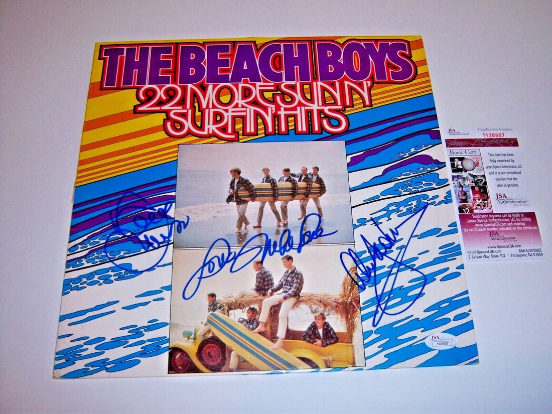 The Beach Boys 22 More Sunn Surfin Hits Signed LP with 3 JSA COA: The Beach Boys 22 More Sunn Surfin Hits Signed LP with 3 JSA COA This unique album features 'The Beach Boys' with 22 of their most iconic surf hits, showcasing the unmistakable sound of the legendary