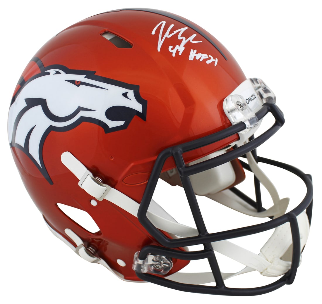John Lynch Signed Denver Broncos Flash Helmet HOF '21 Beckett Authenticated: John Lynch Signed Denver Broncos Flash Helmet HOF '21 Beckett Authenticated This Denver Broncos full-size speed proline helmet features the signature of John Lynch, inscribed with "HOF '21." Authentic