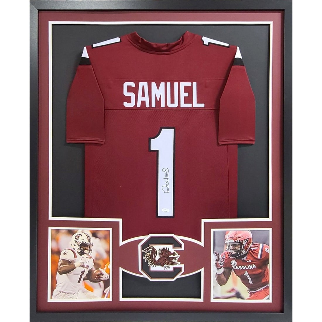 Deebo Samuel Signed Framed Jersey JSA Authenticated USC South Carolina: Deebo Samuel Signed Framed Jersey JSA Authenticated USC South Carolina This is a beautifully framed autographed jersey of Deebo Samuel, showcasing his connection to USC and South Carolina. Certified b