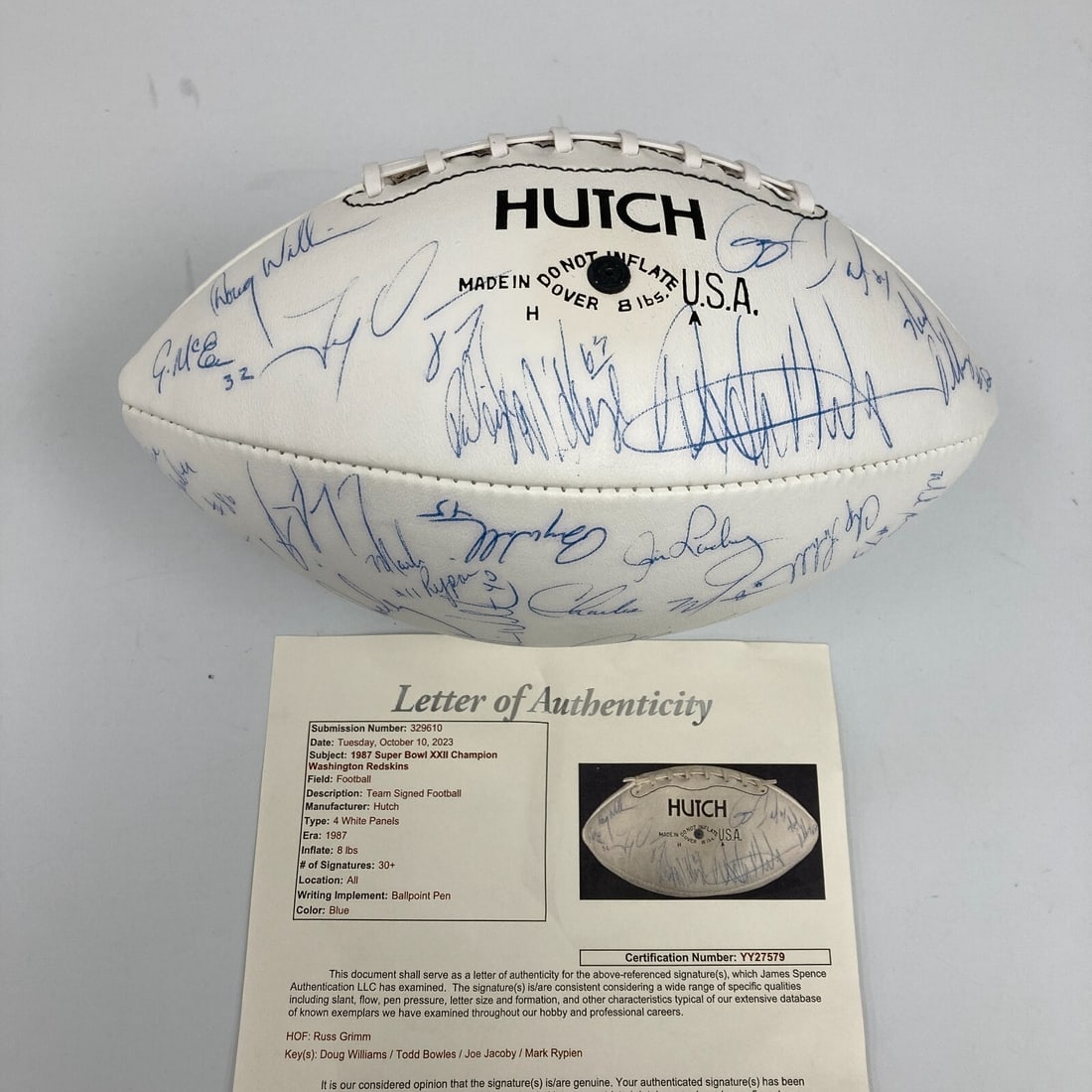 1987 Washington Redskins Team Signed Football with JSA COA: 1987 Washington Redskins Team Signed Football with JSA COA Celebrate the legacy of the 1987 Washington Redskins with this original team-signed football, commemorating their Super Bowl XXII victory. Th