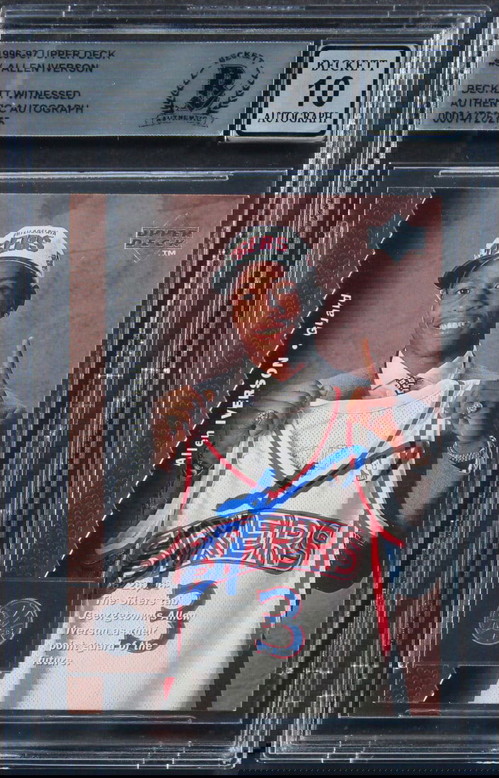 Allen Iverson Signed 1996 Upper Deck Rookie Card Gem Mint 10 BAS Slabbed: Allen Iverson Signed 1996 Upper Deck Rookie Card Gem Mint 10 BAS Slabbed This 1996 Upper Deck #91 Rookie Card, graded Gem Mint 10, features the legendary Allen Iverson, personally signed by the player
