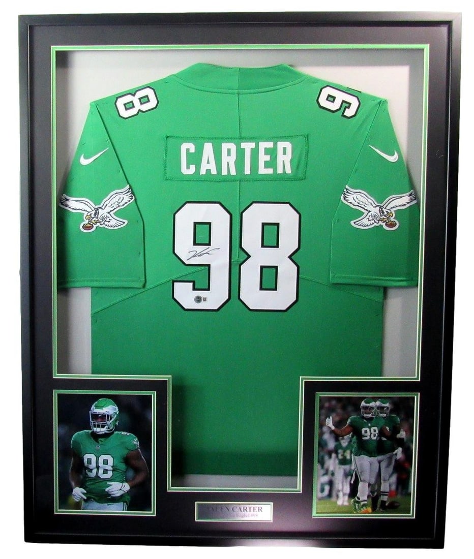 Jalen Carter Autographed Eagles Jersey Framed Beckett Authenticated 33x42: Jalen Carter Autographed Eagles Jersey Framed Beckett Authenticated 33x42 This offering features a Jalen Carter signed Philadelphia Eagles Kelly Green football jersey, beautifully framed to enhance it