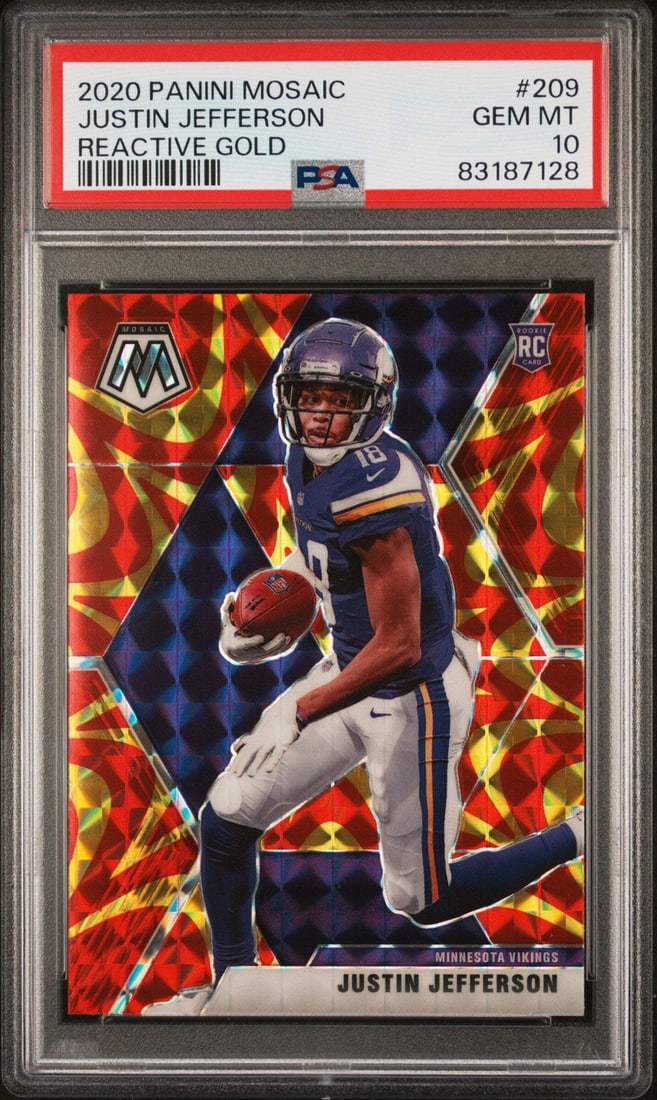 2020 Mosaic Justin Jefferson #209 PSA 10 Reactive Gold Football Card: 2020 Mosaic Justin Jefferson #209 PSA 10 Reactive Gold Football Card This is a graded 2020 Mosaic Justin Jefferson #209 Reactive Gold rookie card, receiving a perfect grade of 10 from Professional Spo