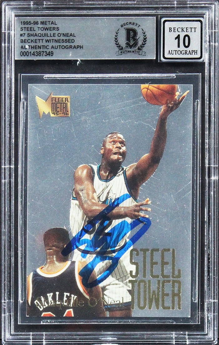 Shaquille O'Neal 1995 Metal Steel Towers #7 Signed Card BAS Auto Grade 10: Shaquille O'Neal 1995 Metal Steel Towers #7 Signed Card BAS Auto Grade 10 This is an original 1995 Metal Steel Towers #7 basketball card featuring Shaquille O'Neal of the Orlando Magic. The card has b