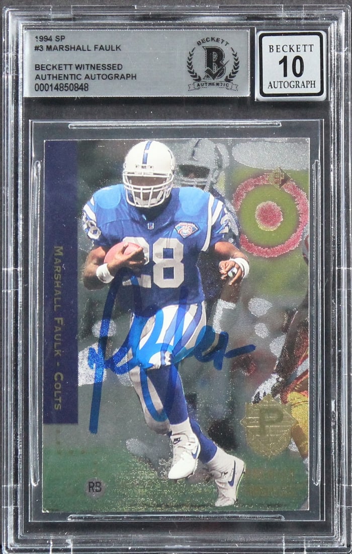 Marshall Faulk 1994 SP #3 Rookie Card Signed Gem Mint 10 Beckett: Marshall Faulk 1994 SP #3 Rookie Card Signed Gem Mint 10 Beckett This is an authentic signed 1994 SP #3 rookie card of Marshall Faulk, featuring the iconic Indianapolis Colts. Graded as Gem Mint 10 by