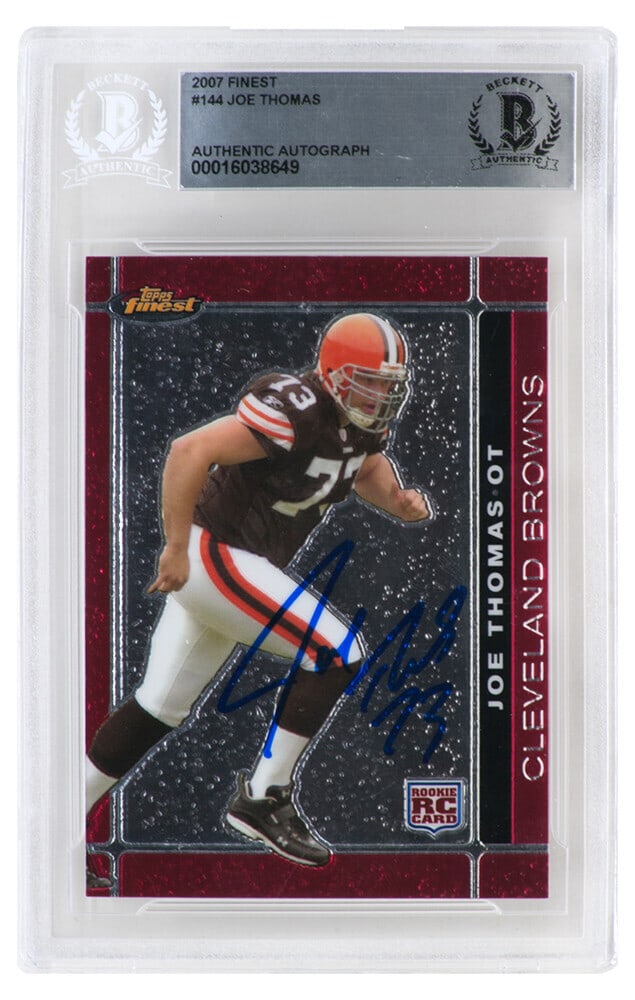 Joe Thomas Signed 2007 Topps Finest Rookie Card #144 Beckett Slabbed: Joe Thomas Signed 2007 Topps Finest Rookie Card #144 Beckett Slabbed This is a signed Joe Thomas rookie card from the 2007 Topps Finest series, featuring card number #144. The card showcases Joe Thoma