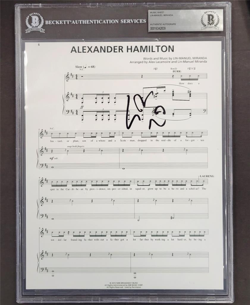 Lin-Manuel Miranda Signed Alexander Hamilton Lyric Sheet Photo BAS Authenticated: Lin-Manuel Miranda Signed Alexander Hamilton Lyric Sheet Photo BAS Authenticated This is an original 8x10 photo lyric sheet from the iconic musical 'Hamilton', signed by Lin-Manuel Miranda, the creato