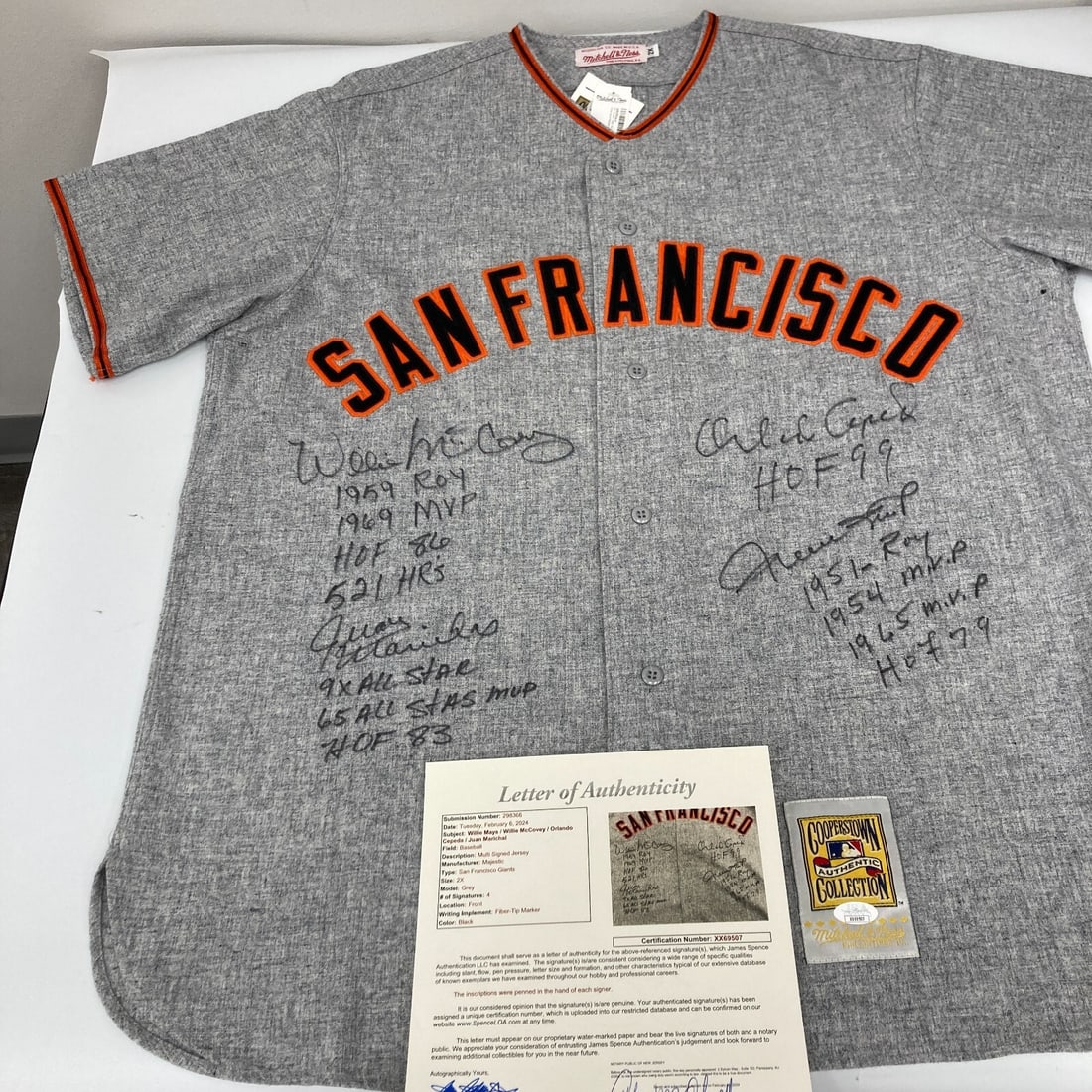 Willie Mays McCovey Signed Inscribed Giants Jersey JSA COA: Willie Mays McCovey Signed Inscribed Giants Jersey JSA COA This San Francisco Giants jersey is a must-have for baseball enthusiasts and collectors alike. Celebrating the legacy of Hall of Famers, this