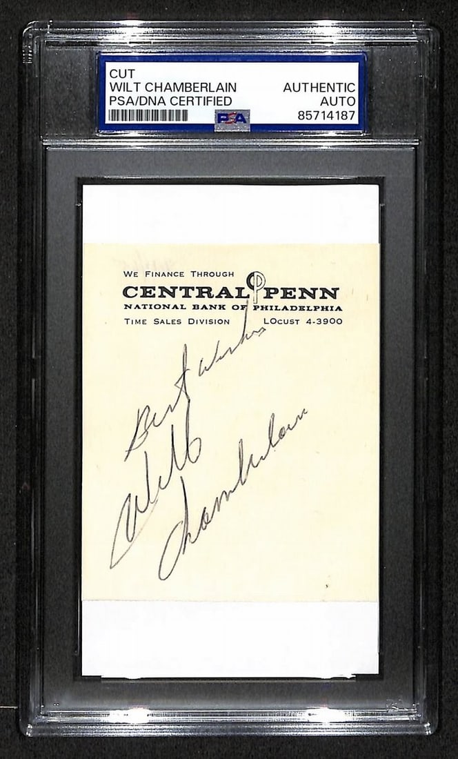 Wilt Chamberlain Hand Signed 3x5 Cut Card With PSA DNA Authentication: Wilt Chamberlain Hand Signed 3x5 Cut Card With PSA DNA Authentication This is an original 3x5 cut card autographed by Wilt Chamberlain, a Hall of Fame basketball player for the Lakers. The card has be