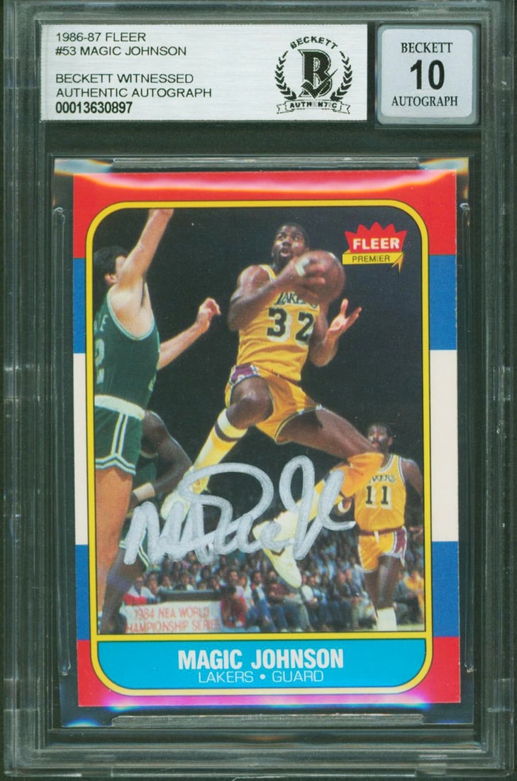 Magic Johnson Signed 1986 Fleer #53 Gem Mint 10 Beckett Authenticated Lakers: Magic Johnson Signed 1986 Fleer #53 Gem Mint 10 Beckett Authenticated Lakers This is an authentic signed 1986 Fleer #53 card featuring Hall of Famer Magic Johnson, graded Gem Mint 10. The card showcas